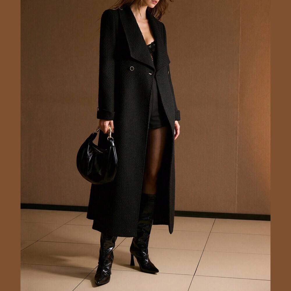 Black Textured Shawl Collar Double Breasted Belted Midi Coat
